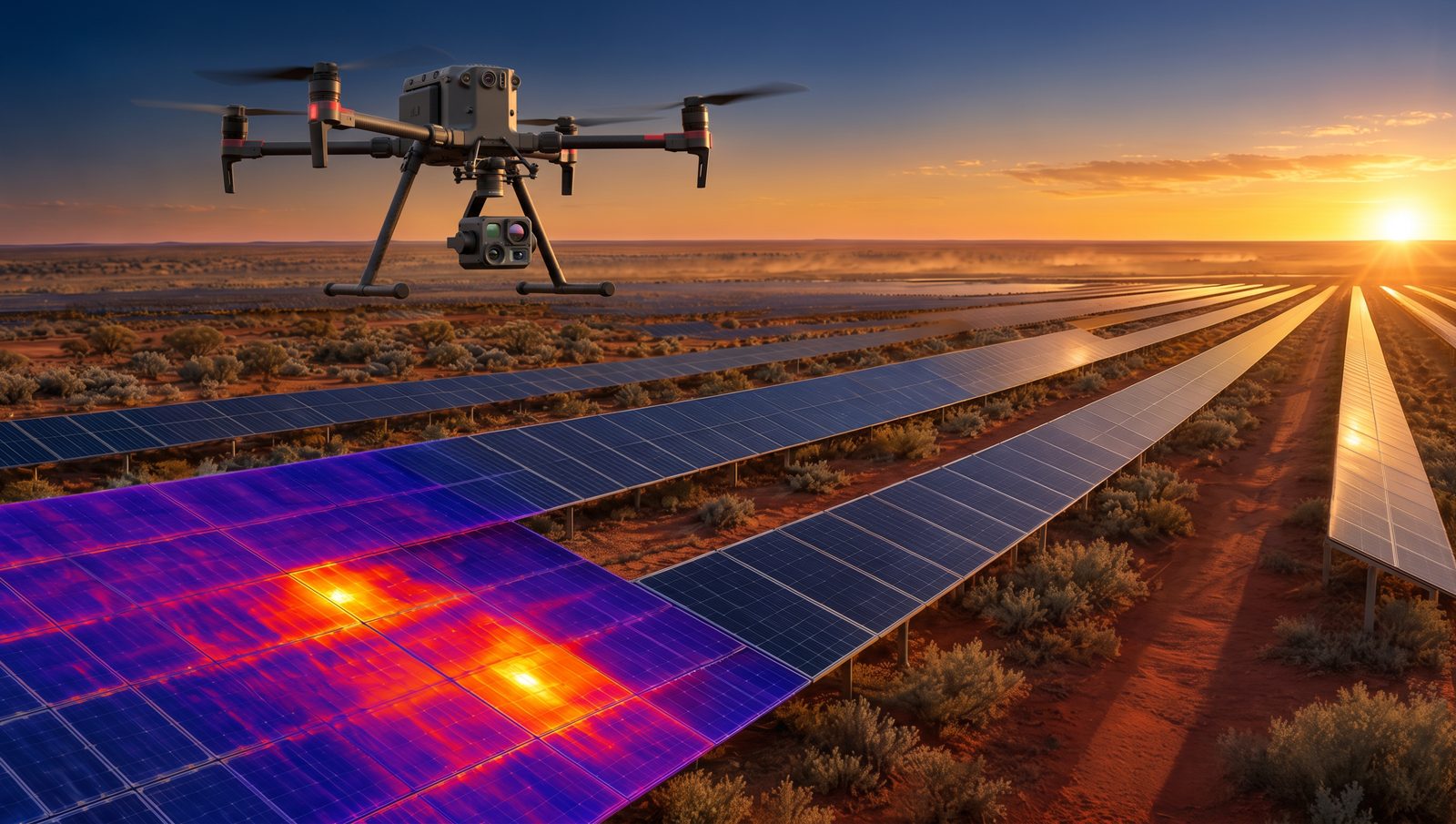 Enterprise drone with a thermal gimbal over an outback Australian solar farm at sunrise, thermal overlay showing two hot spot cells