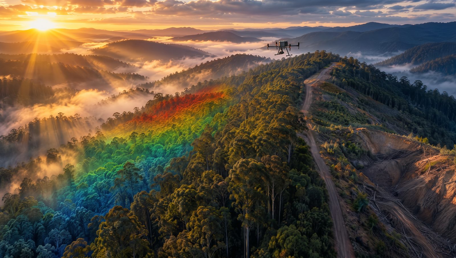 Drone over misty Dandenong Ranges forest at sunrise with a vegetation and fuel load overlay