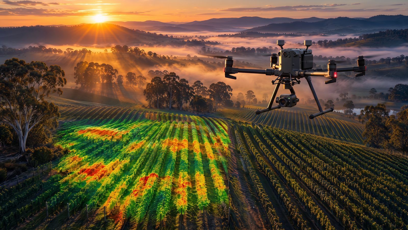 Drone over a misty Yarra Valley vineyard at sunrise with a multispectral crop health map across the vines