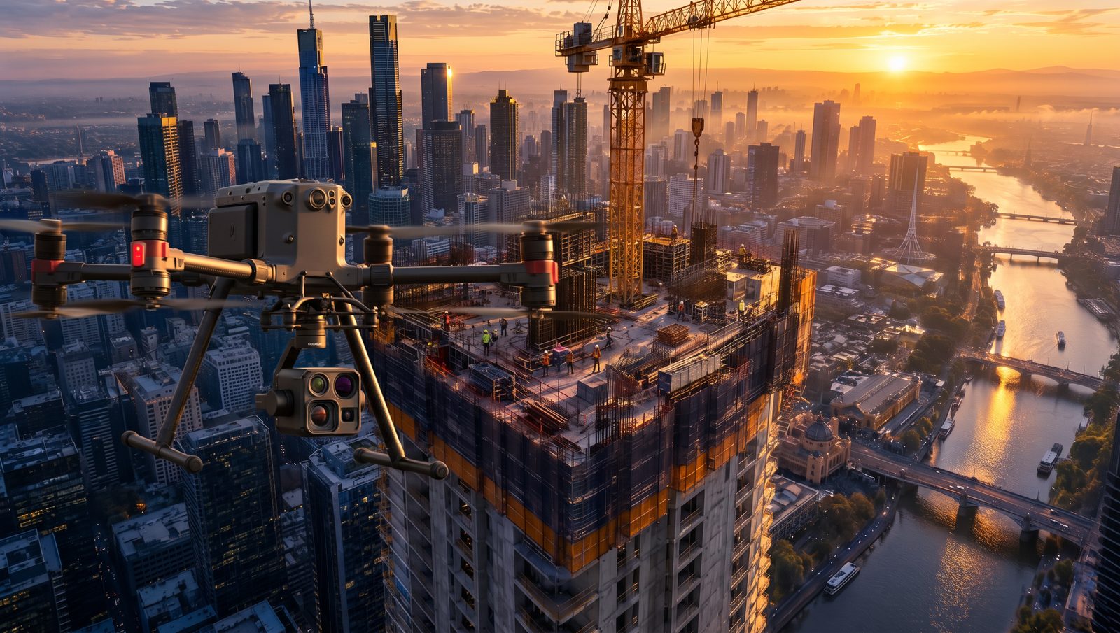 Mapping drone above a high rise tower under construction in the Melbourne CBD at sunrise