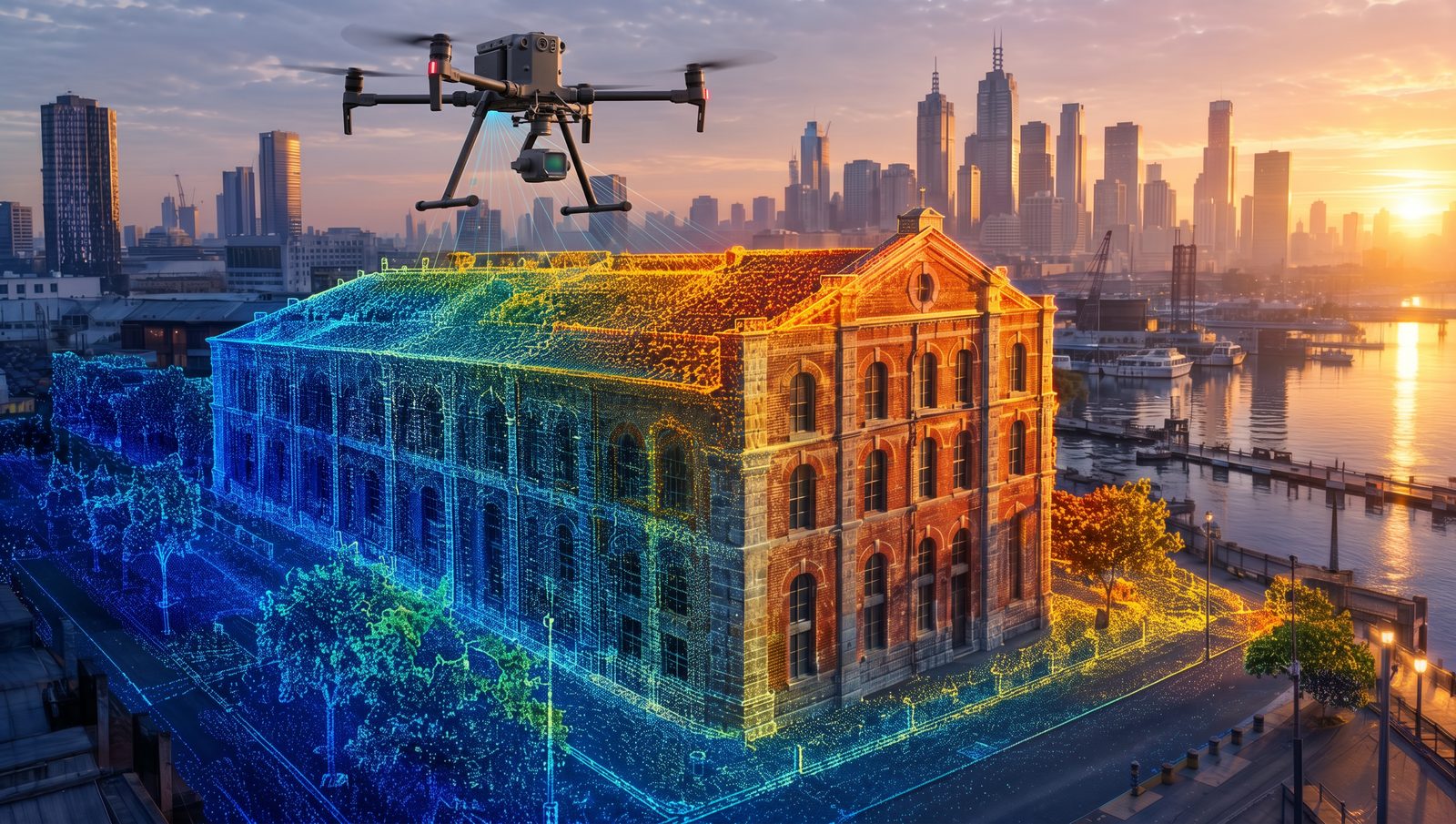 Drone LiDAR scan of a heritage brick warehouse in Melbourne Docklands at sunrise shown as a colourised point cloud