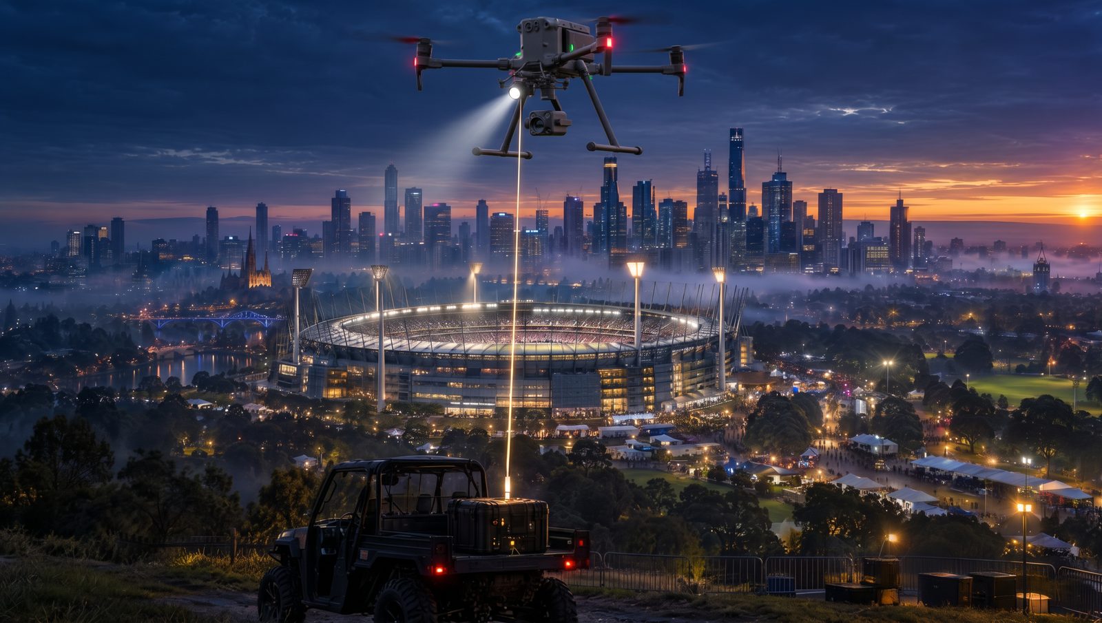 Tethered drone with a searchlight above a Melbourne stadium precinct at dawn, tether running to a ground power unit