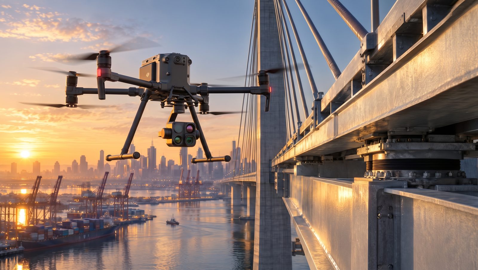 Inspection drone with a zoom camera beside a cable stayed bridge over the Port of Melbourne at sunrise