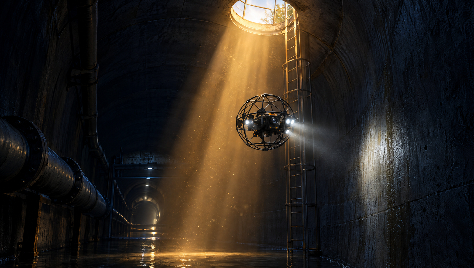 Caged inspection drone flying through a shaft of morning light inside a concrete water tunnel