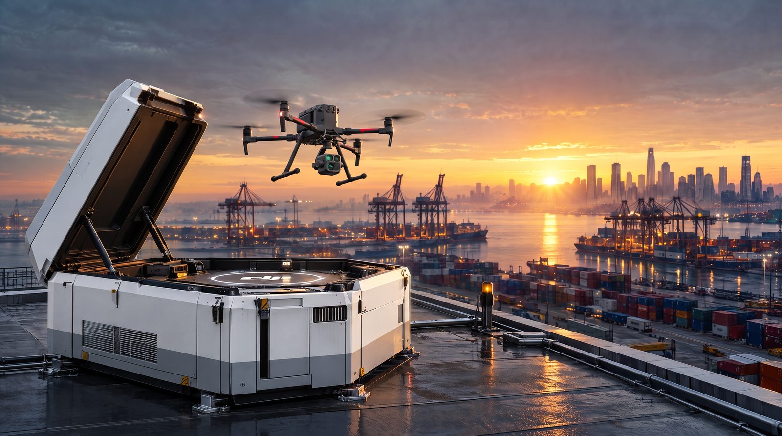 Drone lifting off from a docking station on a Port of Melbourne warehouse roof at dawn for a security patrol