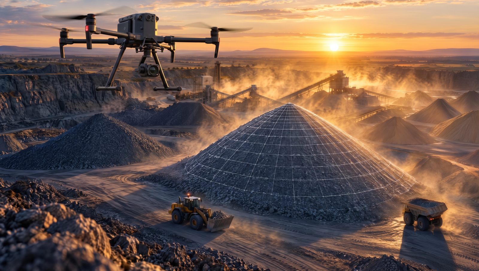 Basalt quarry west of Melbourne at sunrise with a 3D mesh measuring one stockpile, mapping drone overhead