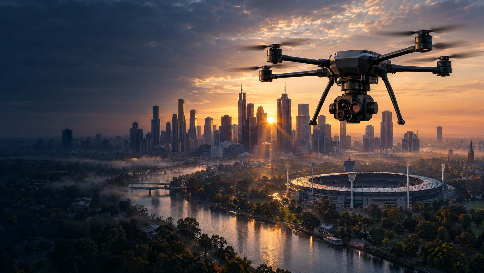 Flagship enterprise drone with a multi sensor payload at sunrise above the Melbourne skyline, the Yarra River and a stadium