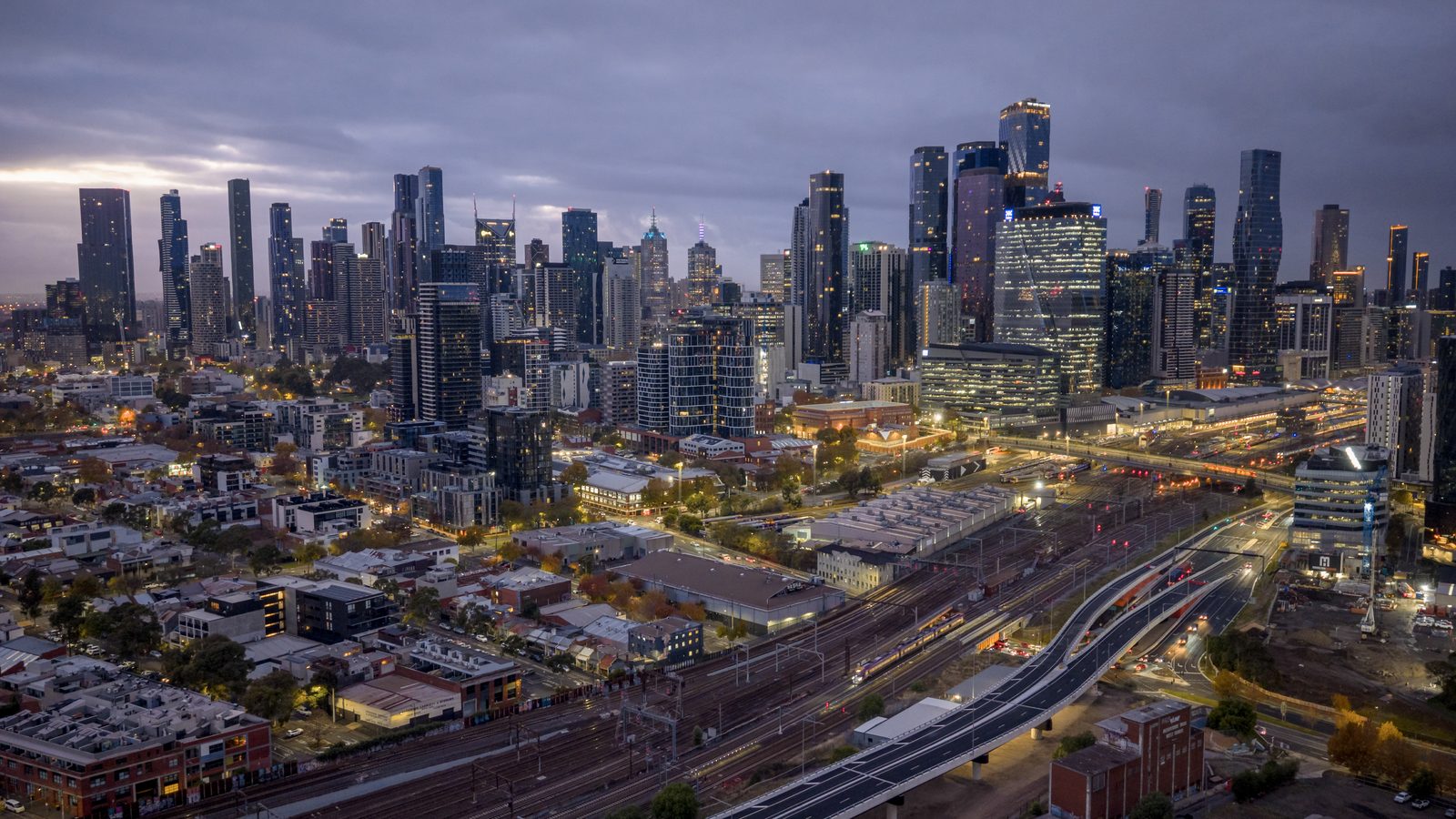 Melbourne CBD at dusk from the west, aerial photographed by Jordy Scott