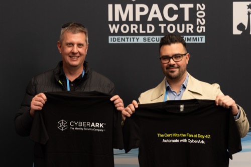 Sponsors holding branded merchandise at a conference photo backdrop