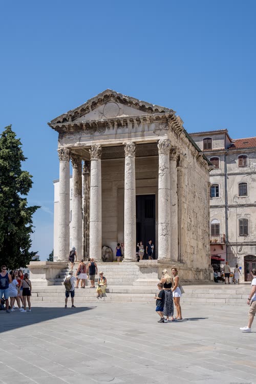 The columns of the Roman Temple of Augustus in the forum at Pula, Croatia