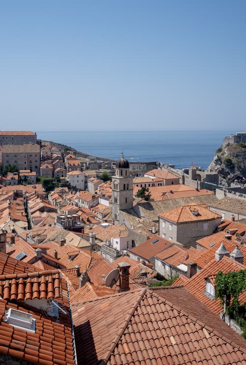 The terracotta rooftops and bell tower of Dubrovnik old town