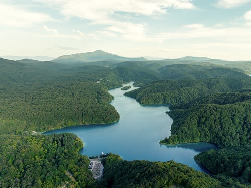 Aerial view of a forested lake system in the Croatian national park