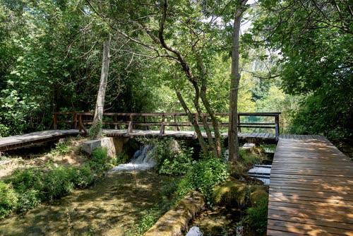 A timber boardwalk crossing a clear stream in a Croatian national park