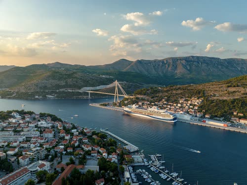 Aerial view of the Franjo Tudman bridge and cruise port at Dubrovnik, Croatia