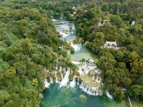 Aerial view of the terraced waterfalls at Krka National Park, Croatia