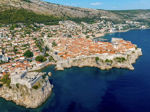 Aerial view of the walled old town of Dubrovnik on the Adriatic