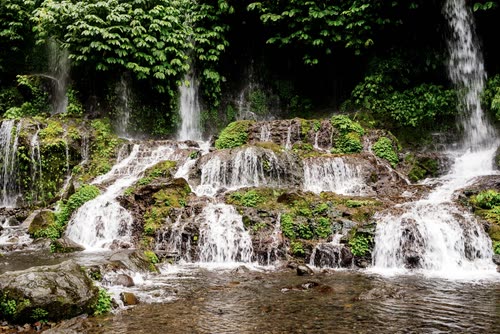Water spilling over a wide mossy rock shelf into a jungle stream