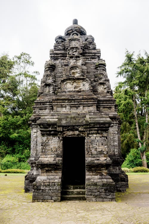 A carved stone temple standing among pines in the Javanese highlands