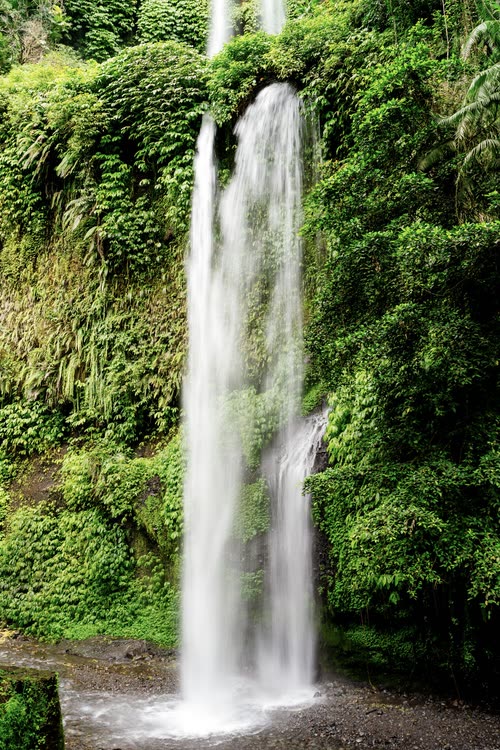 A single waterfall falling into a green jungle amphitheatre, Lombok