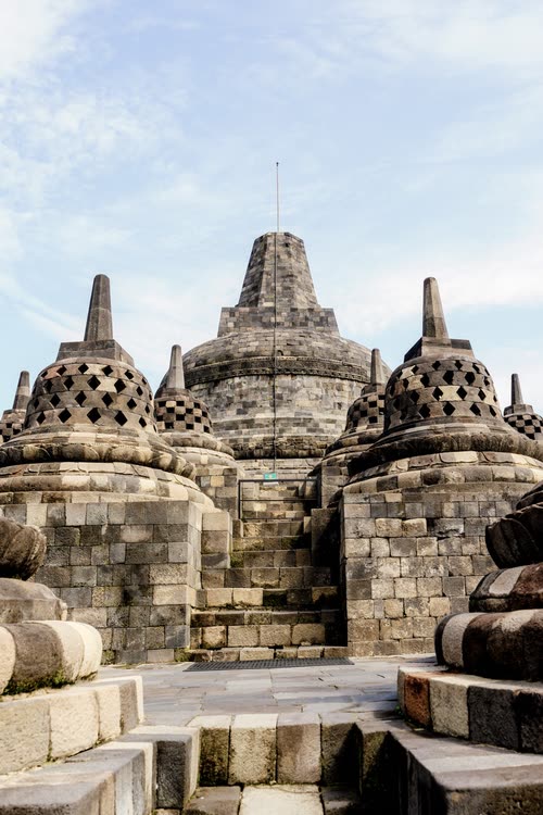 The perforated stone stupas on the upper terrace of Borobudur, Java