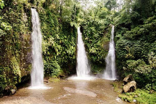 Three waterfalls falling side by side into a shallow jungle pool, Lombok