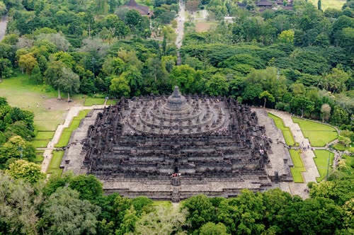 Aerial view directly over the terraced mandala of Borobudur temple, Java