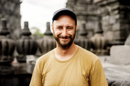 Portrait of Jordy Scott among the stone stupas of Borobudur, Java
