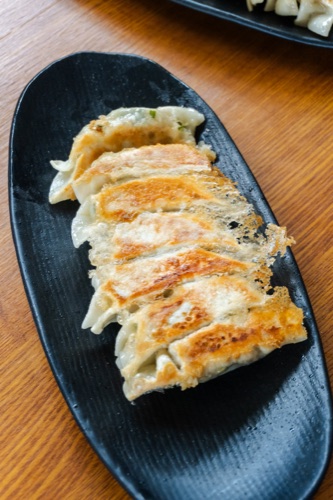 A row of pan fried gyoza on a long black plate