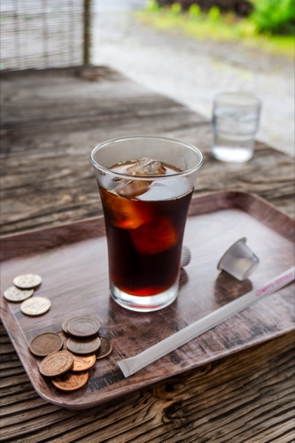 A glass of iced coffee on a timber tray with a few coins and a straw