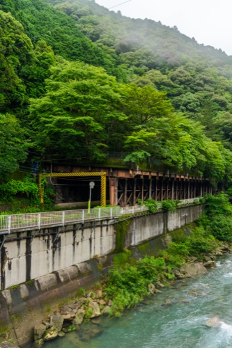 A rail bridge above a green river on the edge of a forested gorge