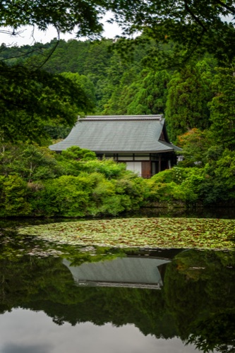 A tea house reflected in a still pond beneath a wooded hill