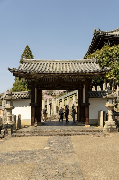 A tiled temple gate at the top of a worn stone approach in Nara