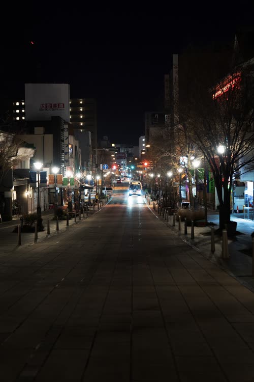 A wide Japanese street at night under street lamps, shopfronts closed