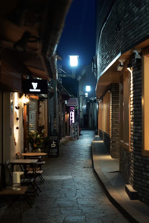 A narrow stone-paved lane between old timber buildings at night