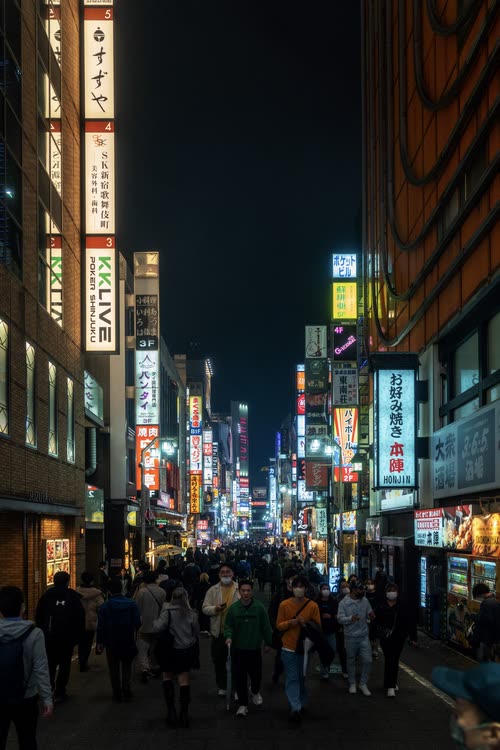 Crowds walking a narrow Tokyo street under stacked neon signage at night