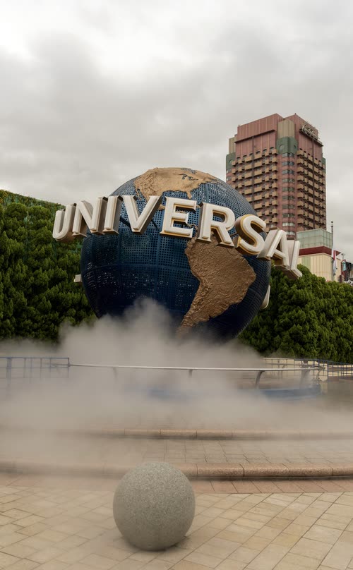 The Universal Studios globe behind a fountain on an overcast morning in Osaka