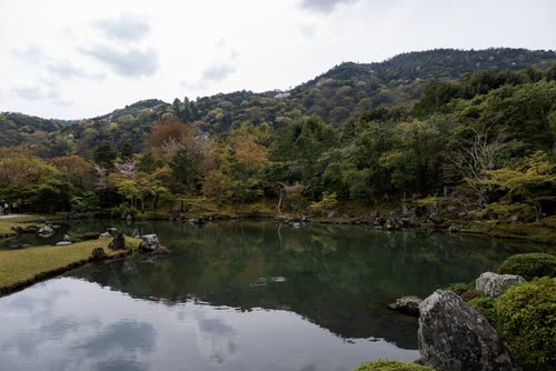 The pond garden at Tenryu-ji reflecting the wooded hills of Arashiyama, Kyoto