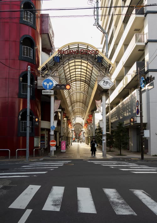 The vaulted glass entrance of a covered shopping arcade on an empty morning