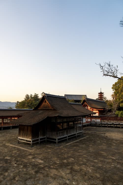 The timber halls and pagoda of Itsukushima Shrine seen from above, Miyajima