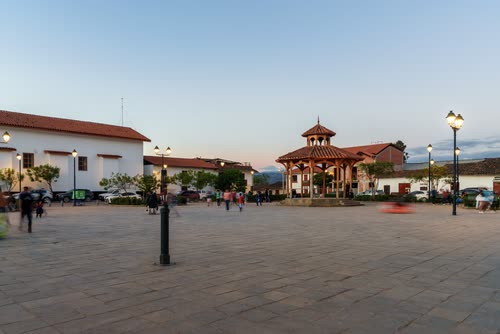 A town plaza and bandstand at dusk in northern Peru