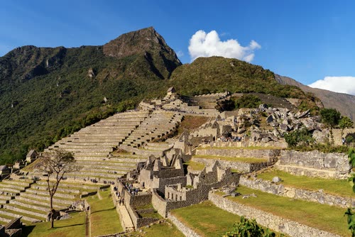 The stonework and terraces of Machu Picchu spread along the ridge, Peru