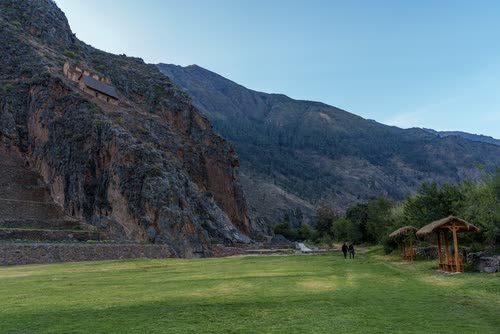 The terraced Inca ruins and valley floor at Ollantaytambo, Peru