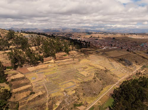 Aerial view of terraced fields and a town spread across an Andean plateau
