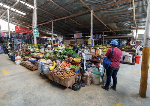 Stalls of fruit and vegetables under the roof of a Peruvian market hall