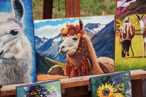 Painted canvases of llamas and Andean scenes displayed at a market stall