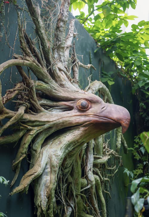 A sculpted tree-root face with a long beak in a garden display, Singapore