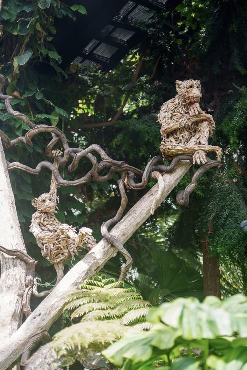 Woven animal sculptures perched on a branch in the conservatory, Singapore