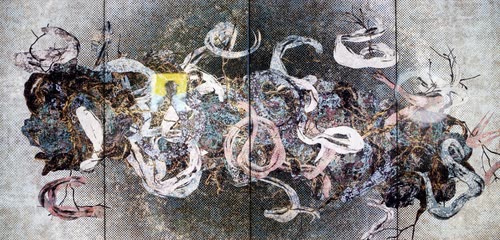 A large abstract painting displayed across four panels in a Singapore gallery