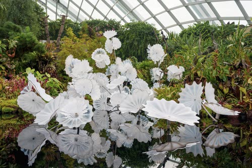 White glass flower forms set into a living plant wall, Singapore