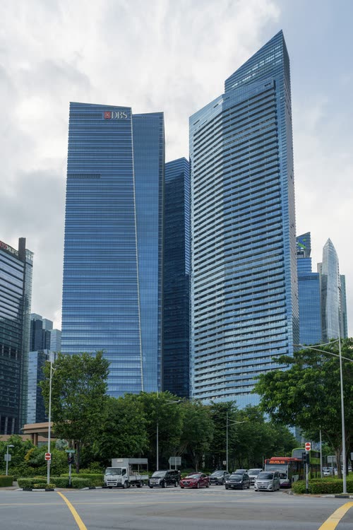 Glass office towers rising above the street trees of the Singapore CBD